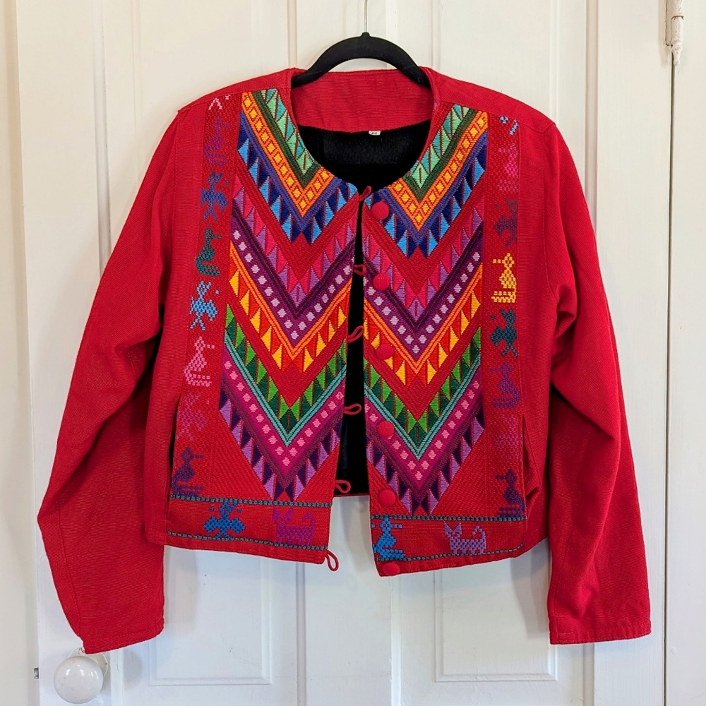 Embroidered Bohemian Red Cotton Blend Jacket Size Medium